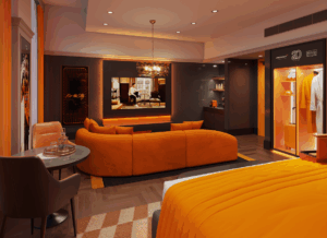 F1-themed hotel suite in London designed by Hilton and McLaren Racing, featuring racing decor and luxury amenities