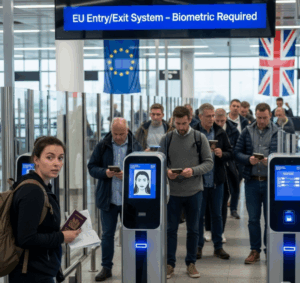 A row of travelers at an EU border control kiosk where biometric scanners are being used to register passports, fingerprints, and facial data for UK entrants.