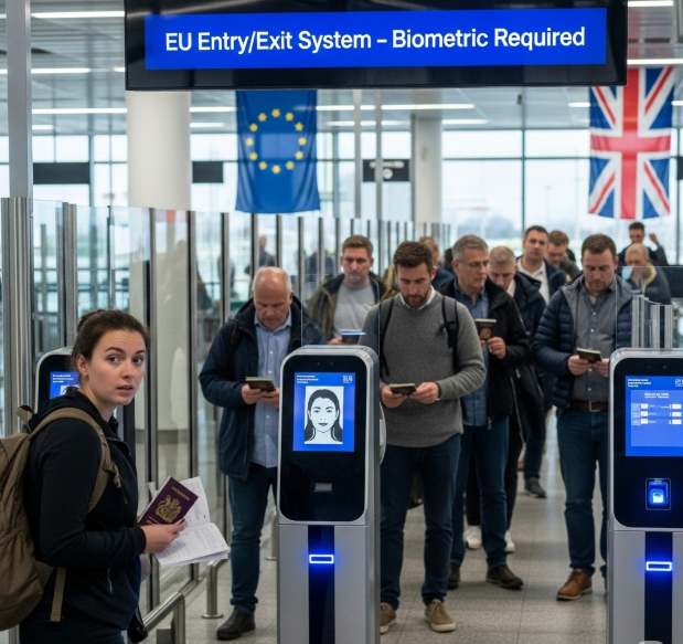 A row of travelers at an EU border control kiosk where biometric scanners are being used to register passports, fingerprints, and facial data for UK entrants.