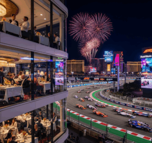 Hilton Grand Vacations’ exclusive trackside clubhouse at the Las Vegas Grand Prix with VIP guests watching F1 cars zoom past.