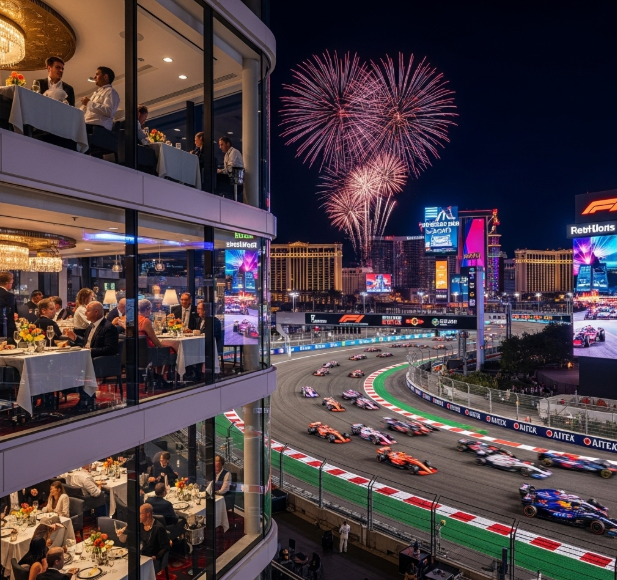 Hilton Grand Vacations’ exclusive trackside clubhouse at the Las Vegas Grand Prix with VIP guests watching F1 cars zoom past.