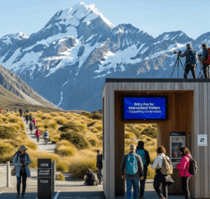 Tourists hiking near New Zealand’s famous Milford Sound with entry fee signage in the background.