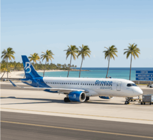 Breeze Airways plane standing at airport. The airlines launches new Caribbean routes