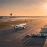 A plane on a runway about to takeoff
