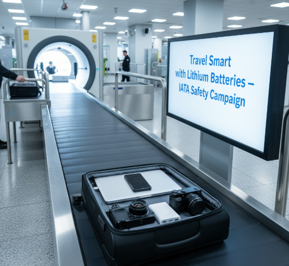 A poster about the “Travel Smart with Lithium Batteries” campaign by IATA