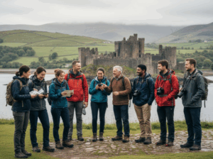 Tourists standing and enjoying view in beautiful Wales