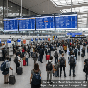 Scene of a European airport with many passengers