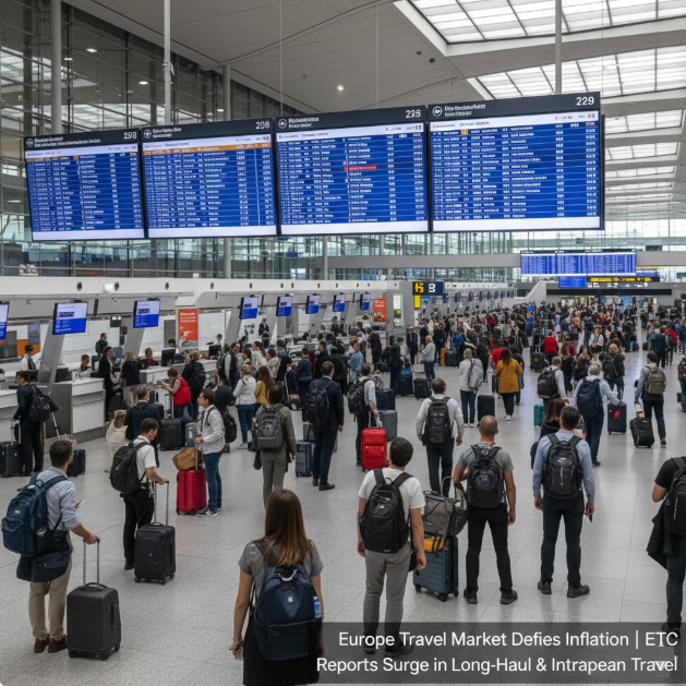 Scene of a European airport with many passengers