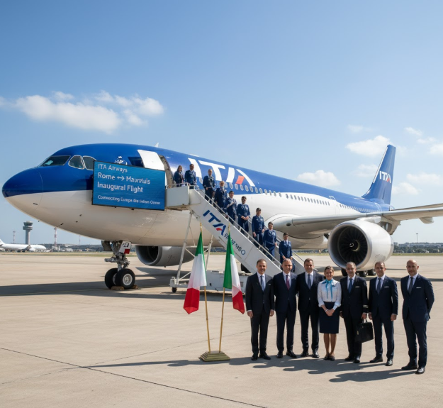 ITA Airways staff standing beside an airplane as the airlines launches direct Rome–Mauritius flights to boost tourism and connectivity.