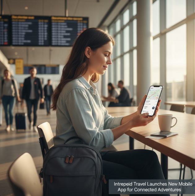 A traveler using Intrepid's new mobile app