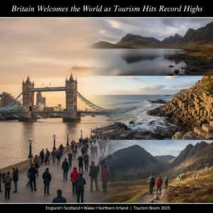 A picture depicting UK tourism surge in 2025 as England leads and Northern Ireland, Scotland, and Wales set new records.