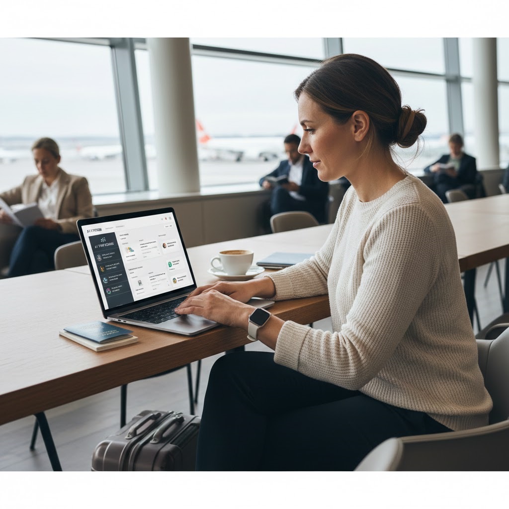 A woman traveler using AI for travel planning