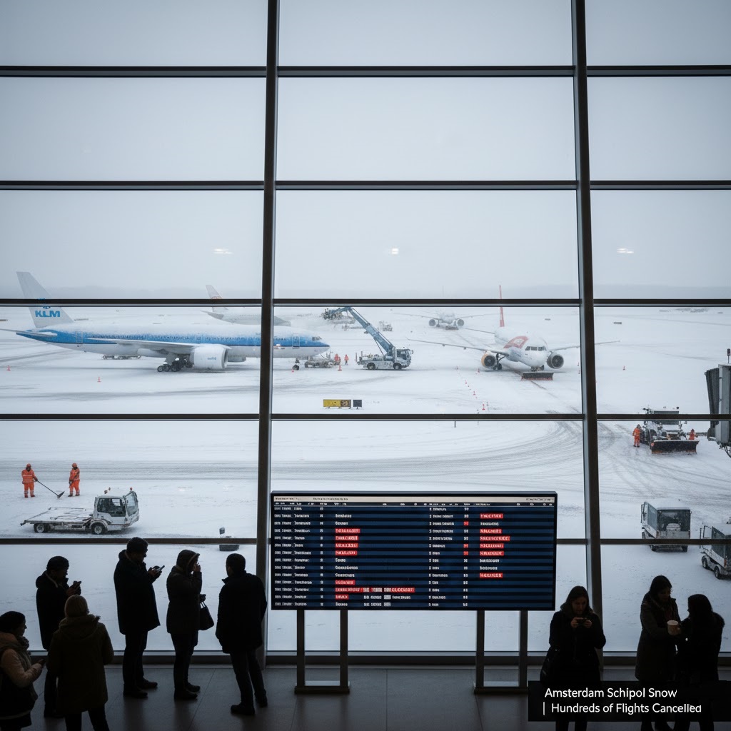 Snow chaos at Amsterdam Schiphol causes 670+ delays and 395 cancellations,