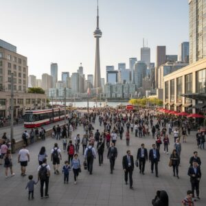 A scene of tourists and locals walking in a Toronto street. Nearly 28 million visitors to the city, generated billions for the local economy.