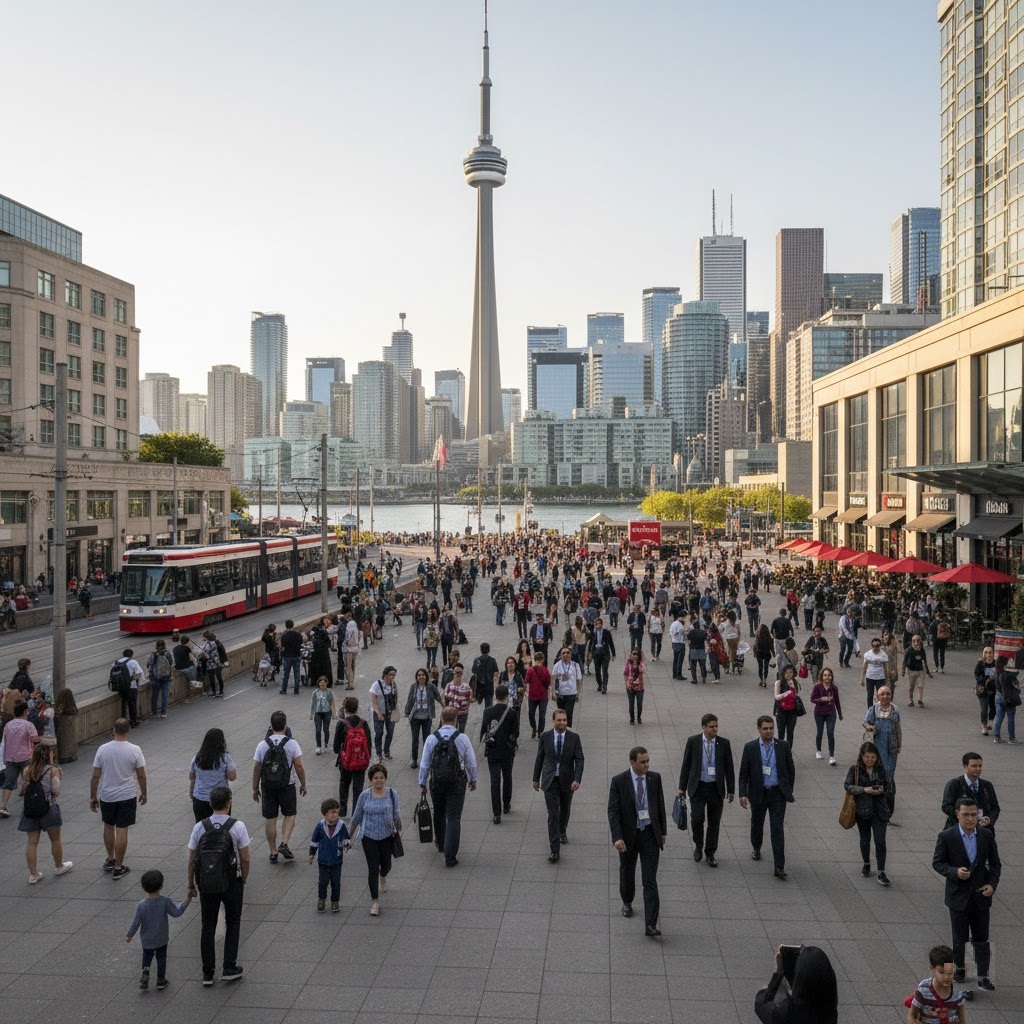 A scene of tourists and locals walking in a Toronto street. Nearly 28 million visitors to the city, generated billions for the local economy.