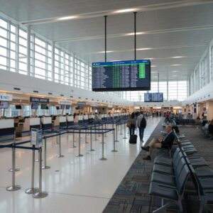 Empty airport signifying the dec;line of travelers from Europe and Canada to USA