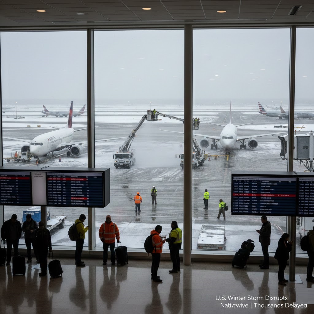 Winter storm disrupts US flights as Delta leads in delays.