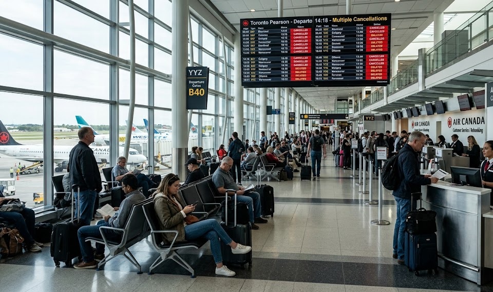 Canadian airports report 44 flight cancellations and 213 delays across five major hubs.