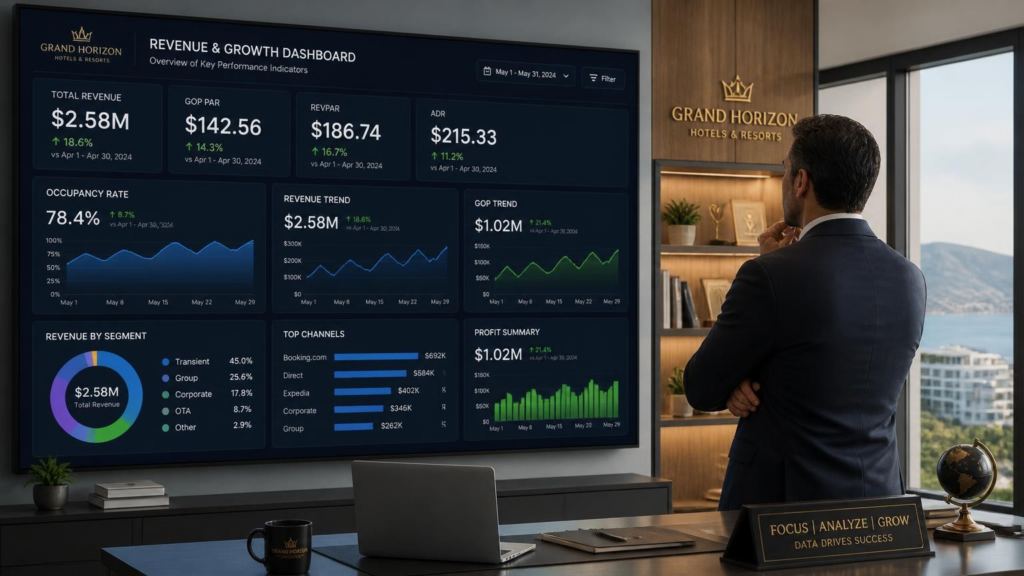 A hotel owner looking at the growth graph after joining suitable hotel brand