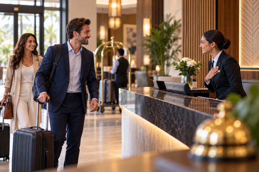 Hotel guests arrive and are greeted at the reception. Proper welcome in the first 10 minutes is important