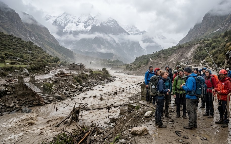 People seen searching for Australian tourists which have gone reportedly missing in Nepal after severe Himalayan flooding