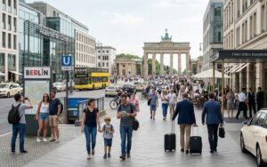 Tourists seen at a Berlin street as the city’s tourism sector remains resilient in 2026,
