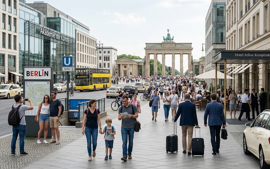 Tourists seen at a Berlin street as the city’s tourism sector remains resilient in 2026,