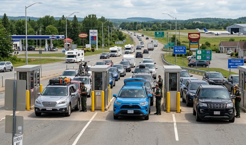 Cars lined up as cross-border travel between Canada and the United States rebounds in July 2026