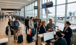 Canadian travellers in queue as they face boarding delays and disruptions at Houston Airport