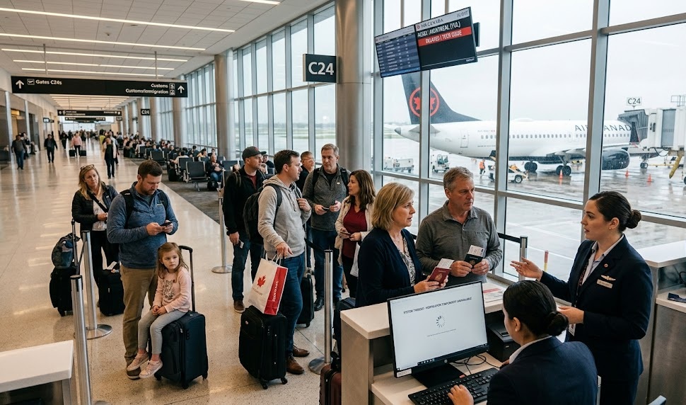 Canadian travellers in queue as they face boarding delays and disruptions at Houston Airport
