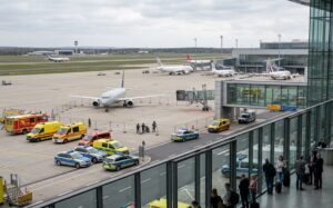 An airport scene as drone-related security threat forces a temporary suspension of flights