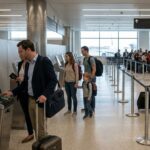 Travellers use automated passport kiosks in a US airport arrivals hall, illustrating the Global Entry programme Belgium aims to join by the end of 2026.