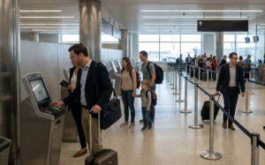Travellers use automated passport kiosks in a US airport arrivals hall, illustrating the Global Entry programme Belgium aims to join by the end of 2026.