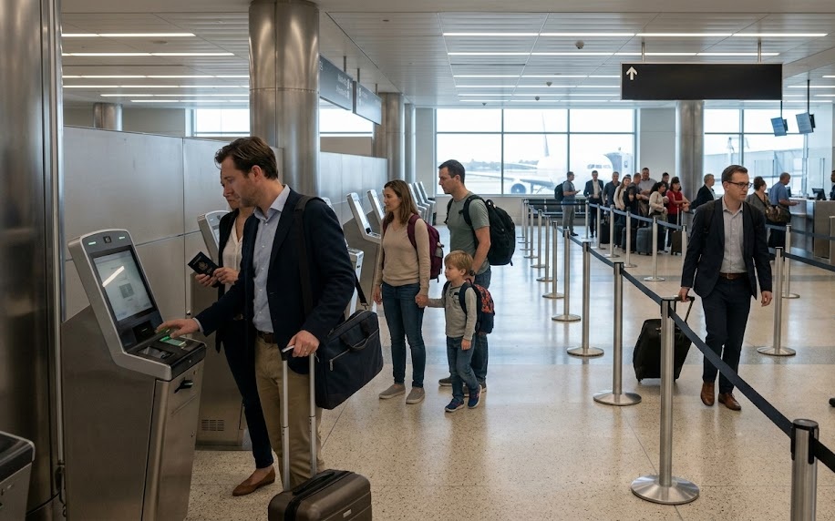 Travellers use automated passport kiosks in a US airport arrivals hall, illustrating the Global Entry programme Belgium aims to join by the end of 2026.