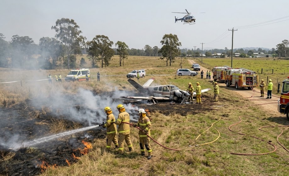A Beechcraft light aircraft crashes near Logan, Brisbane