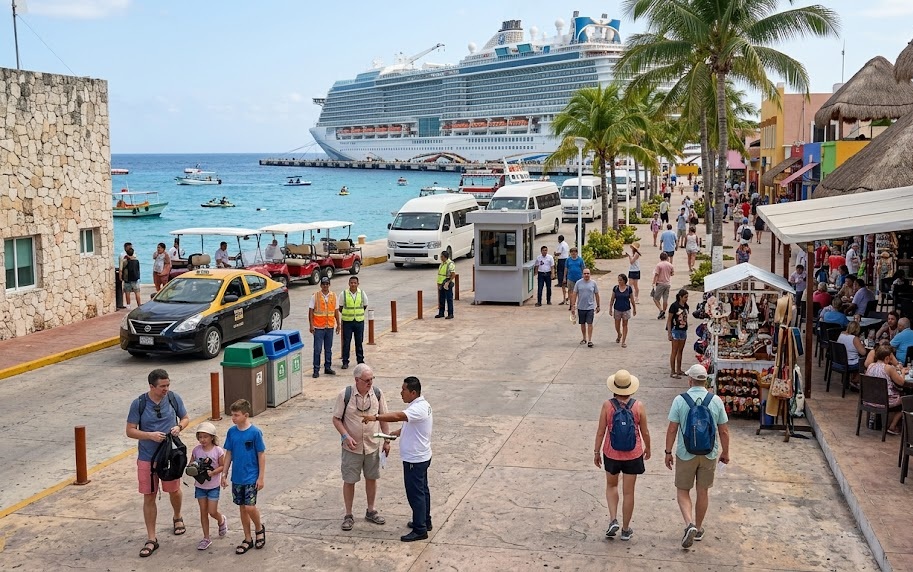 Tourists walk along a Mexican cruise port waterfront with a large cruise ship docked, as Mexico reports record international visitor numbers through July 2026.
