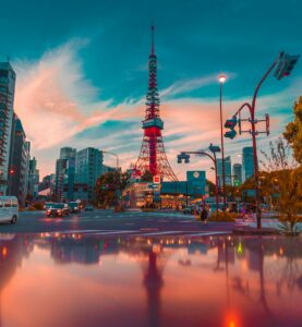 Tokyo skyline with Tokyo Tower and dense urban buildings at dusk